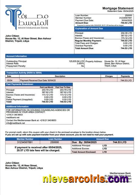 Libya Mediterranean Bank mortgage statement Word and PDF template